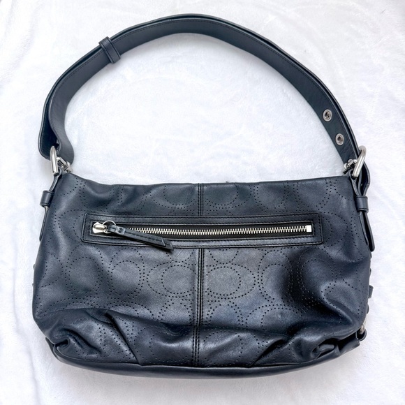 Coach Punching Signature Black/Silver Shoulder Bag 2way Leather 17104 Rare EUC - Picture 2 of 9